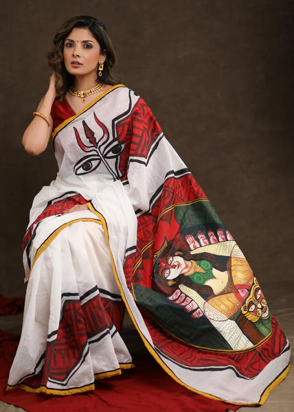 ABSTRACT HAND PAINTED MAA DURGA CHANDERI SAREE