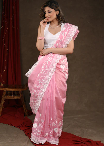 BLUSH PINK CHANDERI SAREE WITH BEAUTIFUL WHITE EMBROIDERY