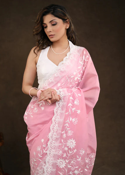 BLUSH PINK CHANDERI SAREE WITH BEAUTIFUL WHITE EMBROIDERY