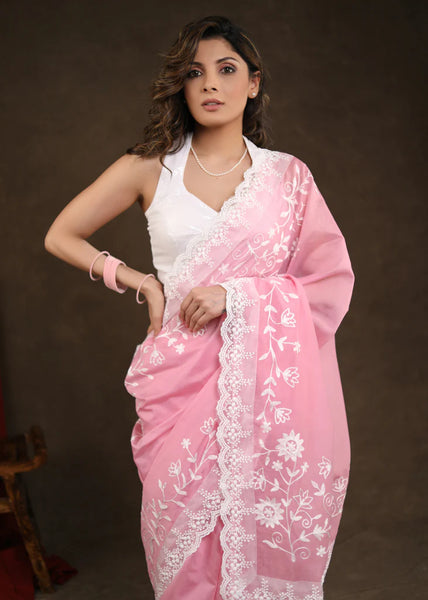 BLUSH PINK CHANDERI SAREE WITH BEAUTIFUL WHITE EMBROIDERY