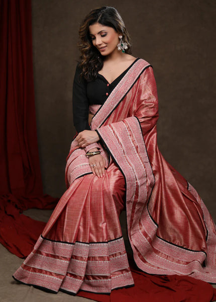 Peach Pink Handloom Silk Cotton Saree with Border
