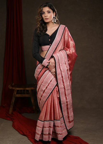 Peach Pink Handloom Silk Cotton Saree with Border