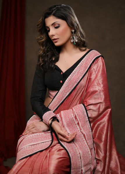 Peach Pink Handloom Silk Cotton Saree with Border