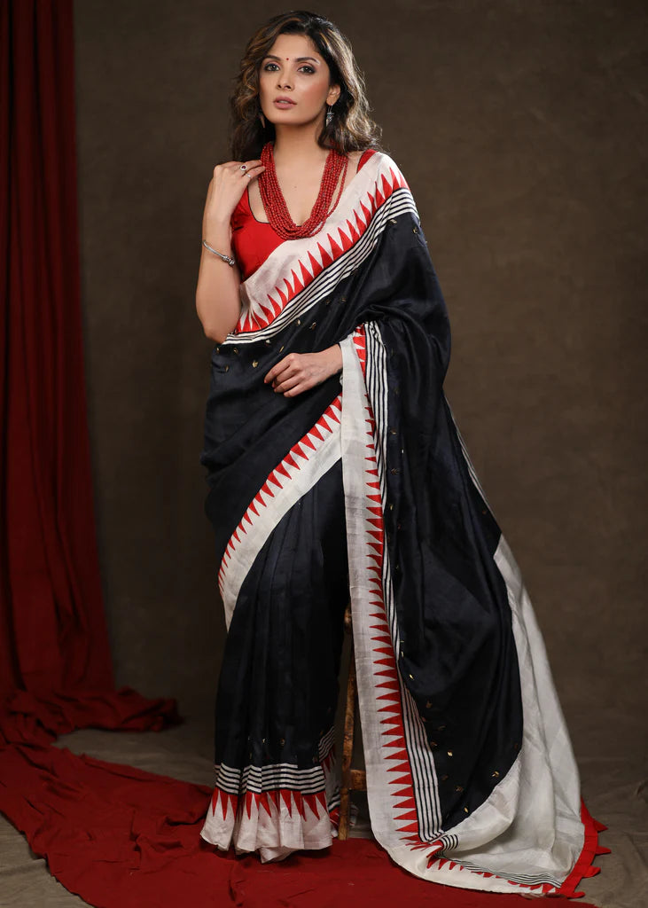 BLACK PURE SILK TEMPLE BORDER SAREE WITH HAND EMBROIDERY