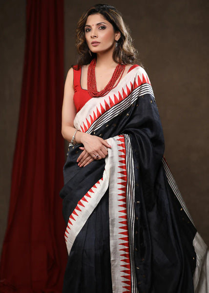 BLACK PURE SILK TEMPLE BORDER SAREE WITH HAND EMBROIDERY
