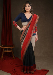 RED & BLACK COTTON SILK SAREE WITH AJRAKH COMBINATION