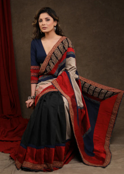 RED & BLACK COTTON SILK SAREE WITH AJRAKH COMBINATION