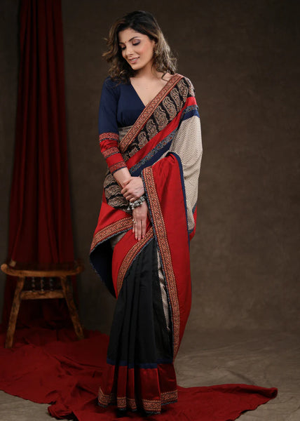 RED & BLACK COTTON SILK SAREE WITH AJRAKH COMBINATION