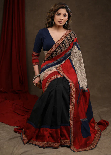 RED & BLACK COTTON SILK SAREE WITH AJRAKH COMBINATION