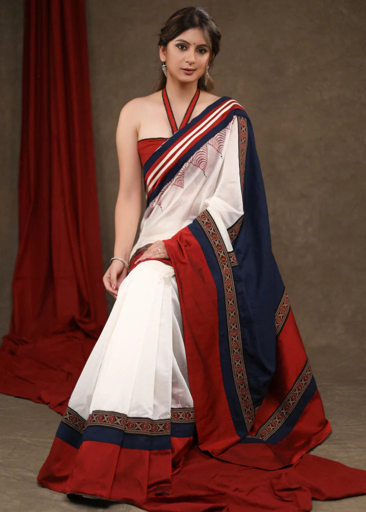 WHITE,BLUE CHANDERI & COTTON SILK COMBINATION SAREE HIGHLIGHTED WITH HANDPAINTED TEMPLE MOTIF