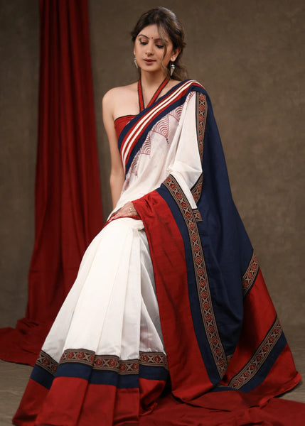 WHITE,BLUE CHANDERI & COTTON SILK COMBINATION SAREE HIGHLIGHTED WITH HANDPAINTED TEMPLE MOTIF