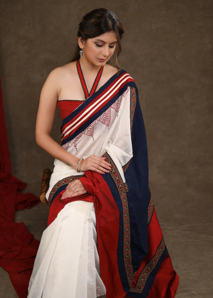 WHITE,BLUE CHANDERI & COTTON SILK COMBINATION SAREE HIGHLIGHTED WITH HANDPAINTED TEMPLE MOTIF