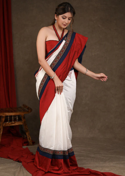 WHITE,BLUE CHANDERI & COTTON SILK COMBINATION SAREE HIGHLIGHTED WITH HANDPAINTED TEMPLE MOTIF