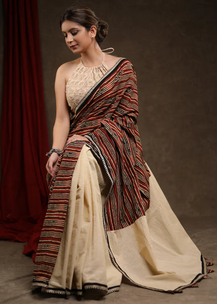 CREAM COTTON HALF & HALF SAREE WITH STRIP ZARI BORDER