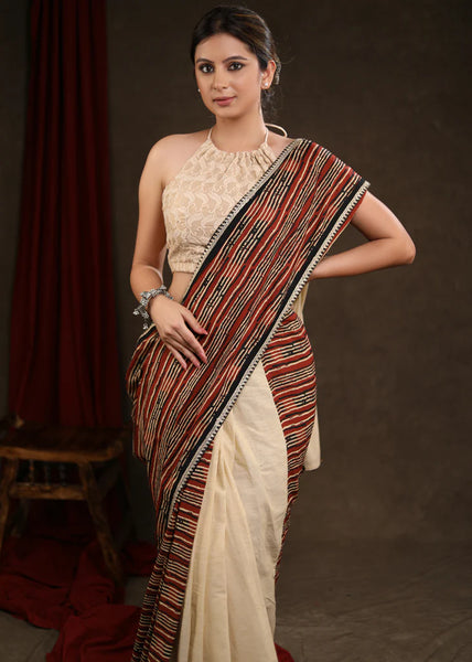 CREAM COTTON HALF & HALF SAREE WITH STRIP ZARI BORDER