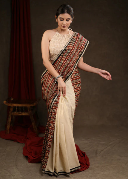 CREAM COTTON HALF & HALF SAREE WITH STRIP ZARI BORDER