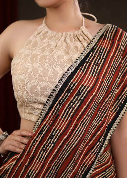 CREAM COTTON HALF & HALF SAREE WITH STRIP ZARI BORDER