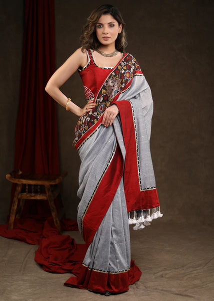 Grey Sequin Saree with Kalamkari Border with Gota Patti Lace