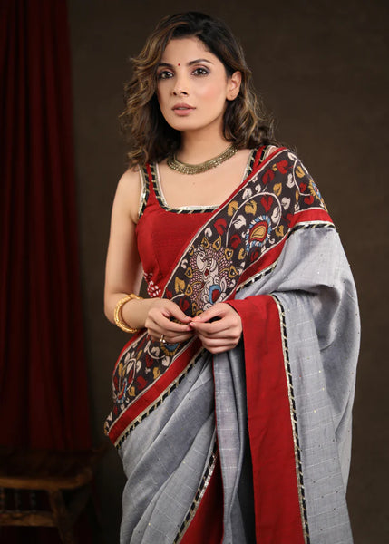 Grey Sequin Saree with Kalamkari Border with Gota Patti Lace