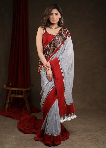 Grey Sequin Saree with Kalamkari Border with Gota Patti Lace
