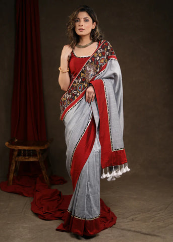 Grey Sequin Saree with Kalamkari Border with Gota Patti Lace