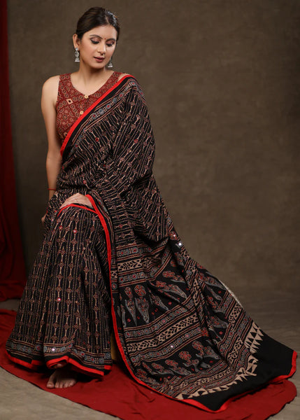 BLACK AJRAKH BLOCK PRINT COTTON SAREE with MIRROR WORK