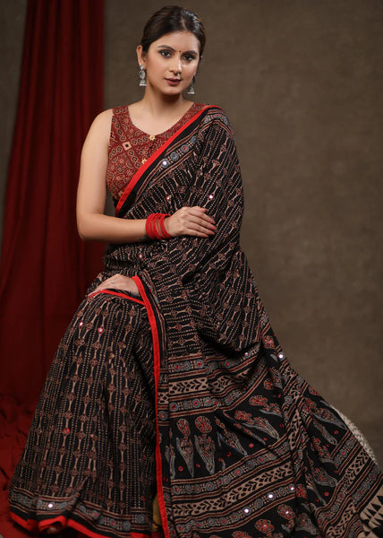 BLACK AJRAKH BLOCK PRINT COTTON SAREE with MIRROR WORK