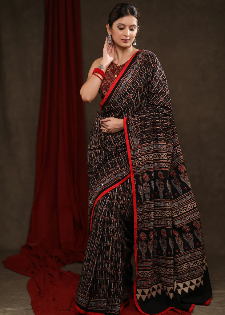 BLACK AJRAKH BLOCK PRINT COTTON SAREE with MIRROR WORK