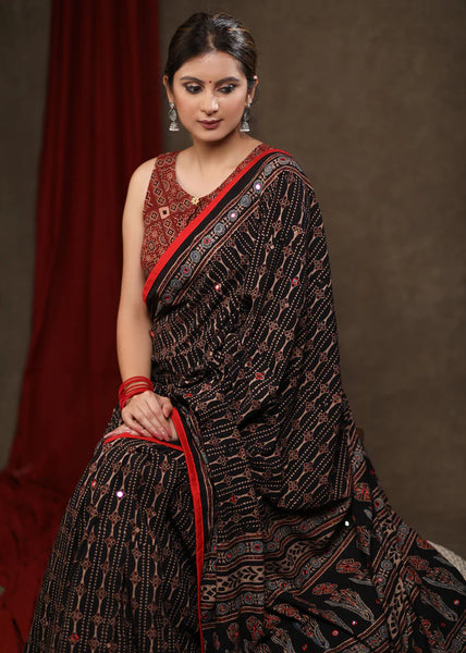 BLACK AJRAKH BLOCK PRINT COTTON SAREE with MIRROR WORK