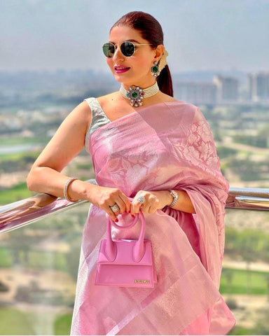 Pink Banarasi Soft Silk Saree with Self Design