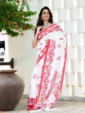 White Cotton Handpainted Saree