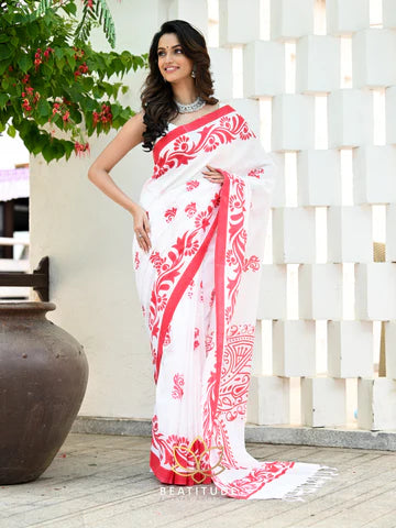 White Cotton Handpainted Saree