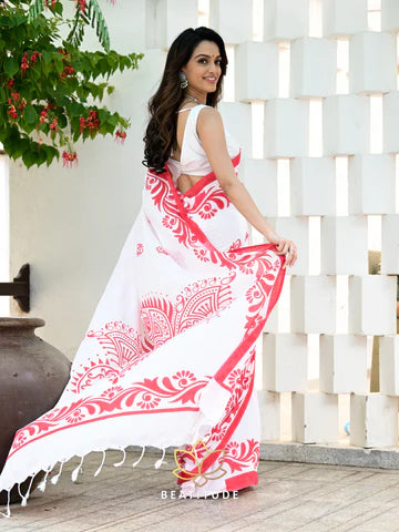 White Cotton Handpainted Saree