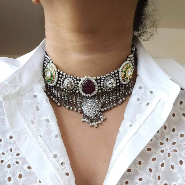 Pink Adithi 925 silver polish fusion necklace set