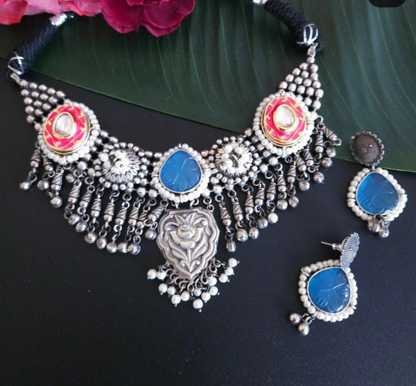 Blue Adithi 925 silver polish fusion necklace set