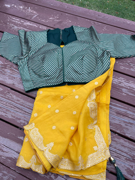 Yellow Muga Silk Saree with Green Readymade Blouse