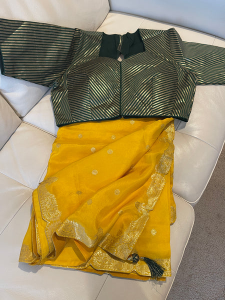 Yellow Muga Silk Saree with Green Readymade Blouse