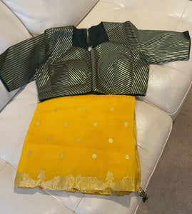 Yellow Muga Silk Saree with Green Readymade Blouse