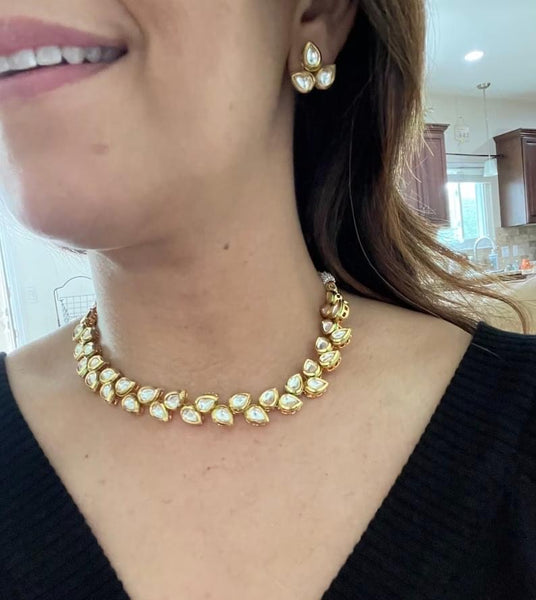 Fine Polki Single Liner Kundan Gold Necklace Set