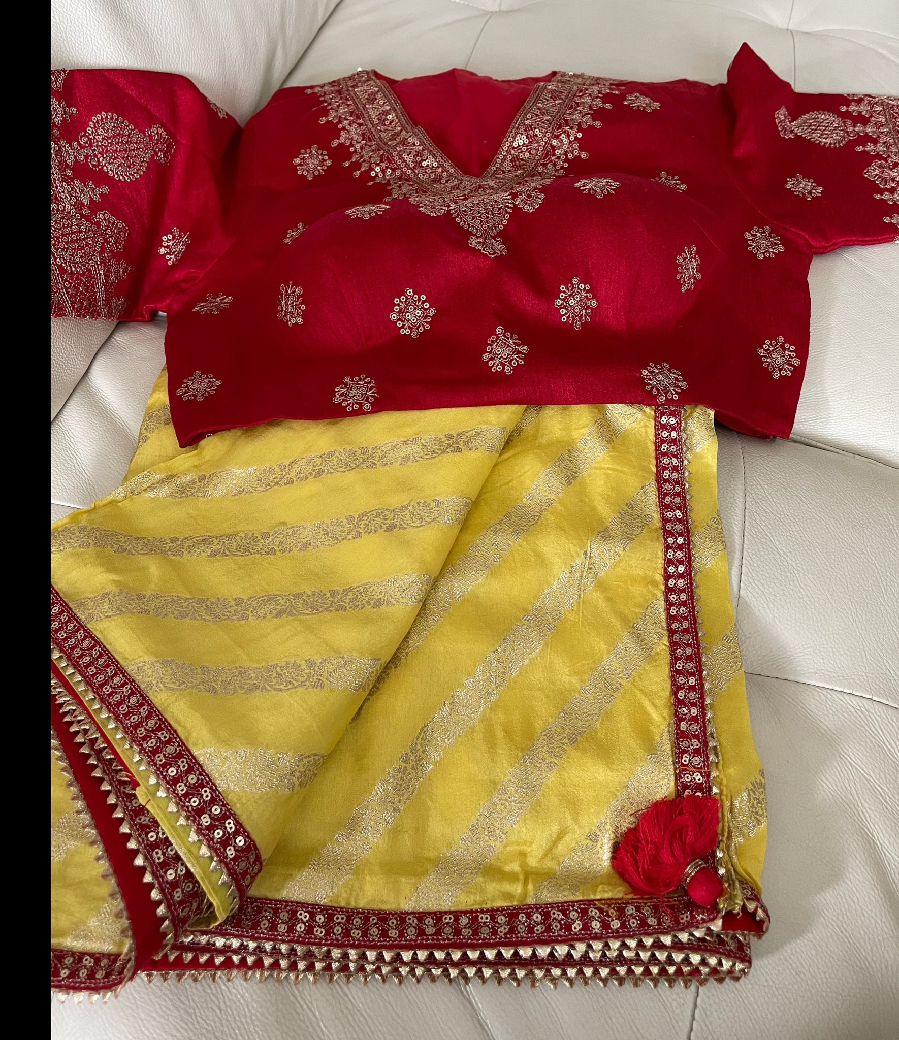 Yellow Muga Silk Saree with Red Readymade Blouse