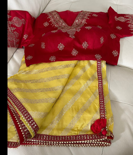 Yellow Muga Silk Saree with Red Readymade Blouse