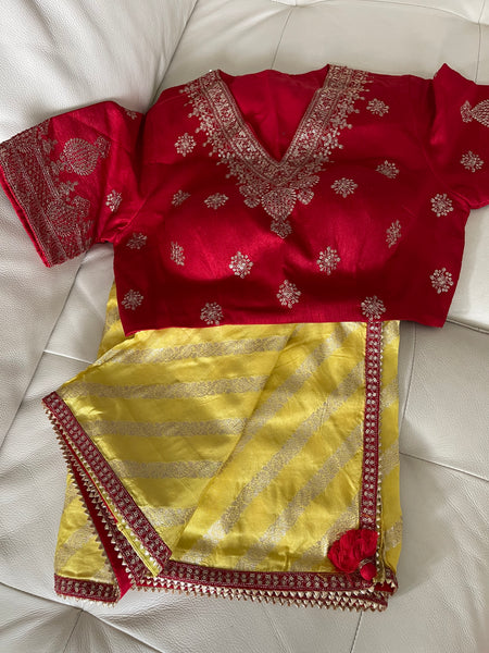 Yellow Muga Silk Saree with Red Readymade Blouse