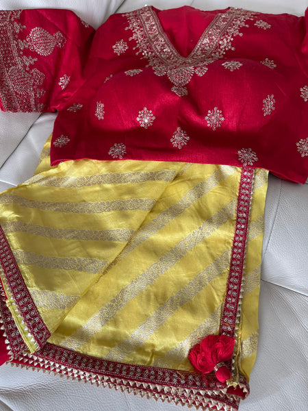 Yellow Muga Silk Saree with Red Readymade Blouse