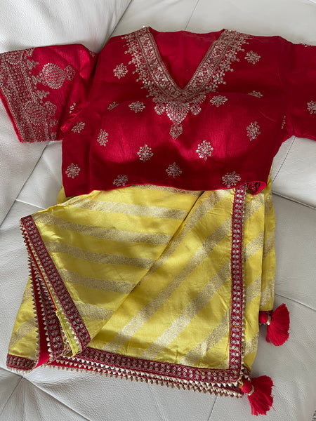 Yellow Muga Silk Saree with Red Readymade Blouse