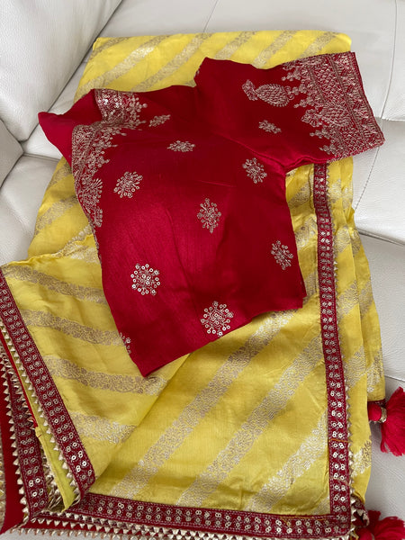 Yellow Muga Silk Saree with Red Readymade Blouse