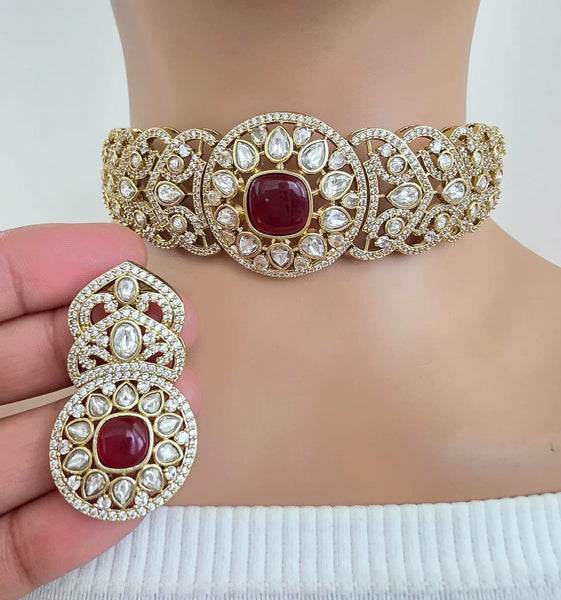 Ruby Red Victorian Moissanite Kundan Choker Necklace Set
