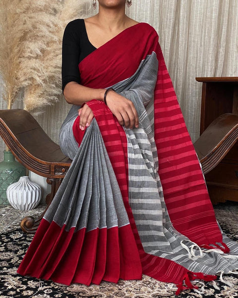 Grey Handloom Cotton Saree
