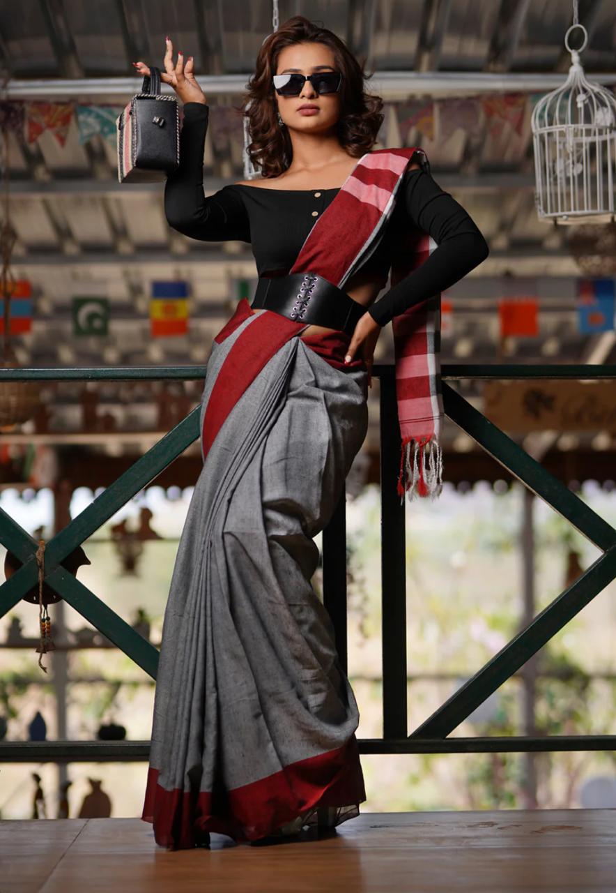 Grey Handloom Cotton Saree