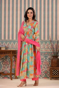 Pink and Blue Aliya Cut Anarkali Kurti Long Gown Pant With Dupatta Set Designer Kurti Suit Printed Anarkali
