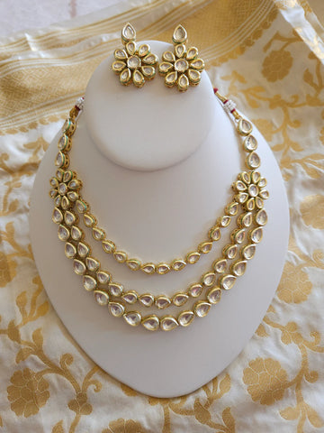 Kundan Triple Line Mala Necklace and Earring Set